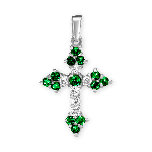 Sterling Silver Trinity Cross Pendant with Green Cubic Zirconia (27 x 16 mm)