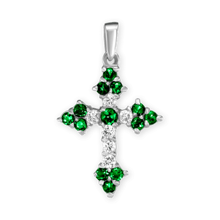 Sterling Silver Trinity Cross Pendant with Green Cubic Zirconia (27 x 16 mm)