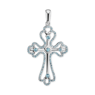 Sterling Silver Trefoil Cross Pendant with Light Blue Cubic Zirconia (49 x 27 mm)