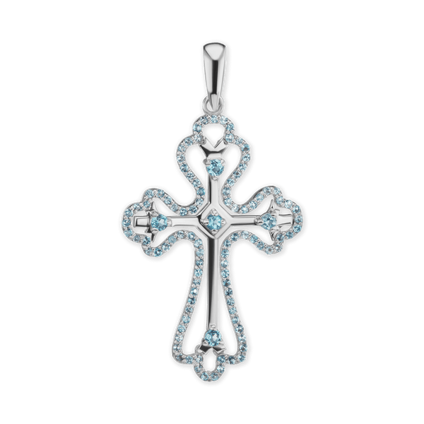 Sterling Silver Trefoil Cross Pendant with Light Blue Cubic Zirconia (49 x 27 mm)