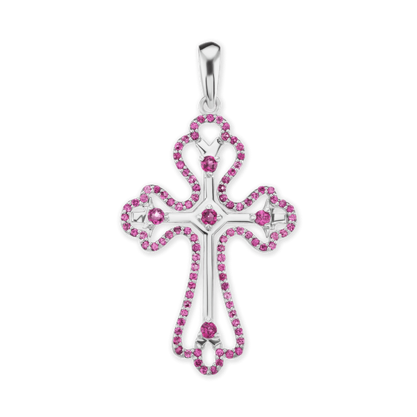 Sterling Silver Trefoil Cross Pendant with Pink Cubic Zirconia (49 x 27 mm)