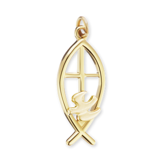 Sterling Silver Two-Tone Ichthys Fish with Cross and Dove Christian Novelty Pendant (26 x 11 mm)