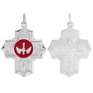 Sterling Silver Double-Sided Four-Way Cross Pendant with Red Enamel (37 x 26 mm)