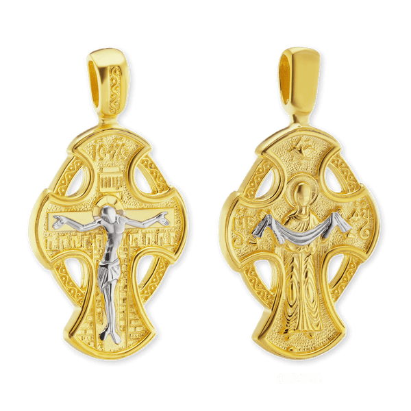 Sterling Silver Two-Tone Byzantine Double-Sided Cross and Crucifix Pendant (36 x 18 mm)