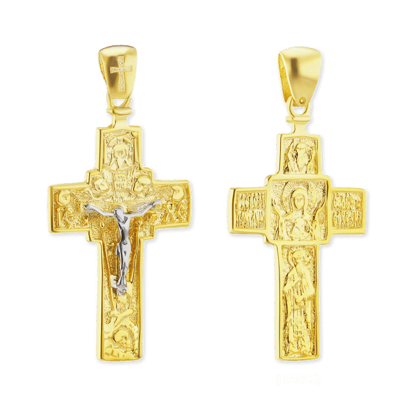 Sterling Silver Two-Tone Byzantine Double-Sided Cross and Crucifix Pendant (45 x 21 mm)