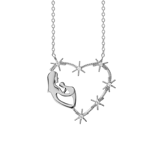 Heart with Mother and Fetus Necklace with Cubic Zirconia in Sterling Silver (23 x 23mm)
