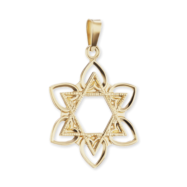 14K Gold Star of David with Flower Pendant (28 mm)